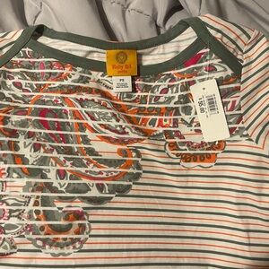 Ruby Rd. Petite Printed Paisley Striped Tee — Olive Trim